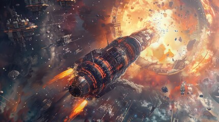 Wall Mural - Spacecraft Escaping Exploding Space Station