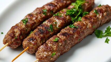 close-up of a juicy grilled beef kofta kebab, garnished with parsley, placed on a plain white surfac