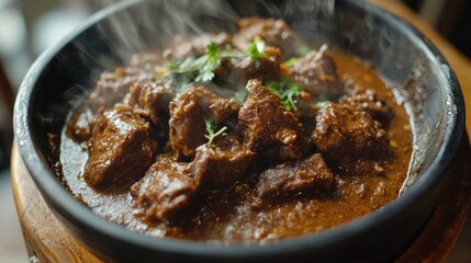 Close-up of a steaming plate of beef rendang, with rich coconut gravy, set against a simple wooden surface.