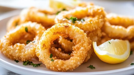 Wall Mural - Close-up of crispy fried calamari rings with lemon wedges, placed on a clean white plate, no distractions.