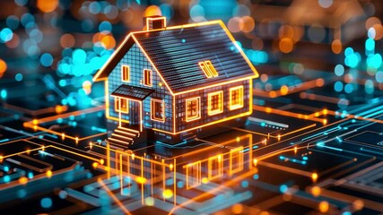Aufkleber - A detailed digital representation of a house, glowing with neon lights, is set against a backdrop resembling interconnected circuits. The artwork embodies modern architectural concepts.