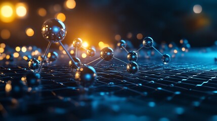 Abstract Technology Network Background with Metallic Spheres and Bokeh Lights