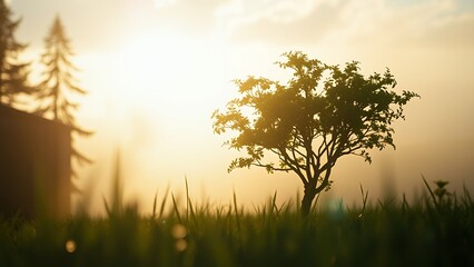 Sticker - A single tree stands tall against a hazy sunset.