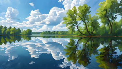 Lake and Trees Reflect a Beautiful Sky, an Idyllic Scene.