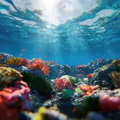 A close-up of a marine sanctuary with vibrant coral reefs and diverse marine life.