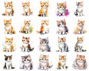 Naklejka na meble Watercolor Illustration of Cute Kittens - Adorable Various Kittens in Colorful Artistic Portraits