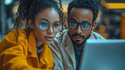 Canvas Print - A young woman and a young man wearing glasses look intently at a laptop screen.