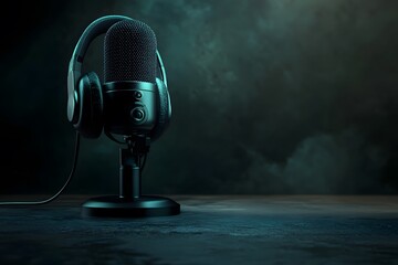 Vintage microphone with headphone of a background 