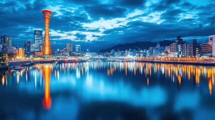 Wall Mural - Nighttime Cityscape with Tower and Reflections