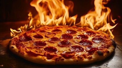 Pepperoni Pizza Baking in a Fiery Oven