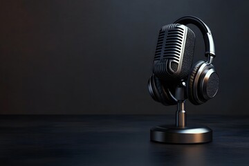 3D rendering of a retro microphone with headphones on a stand on a table against a dark background,