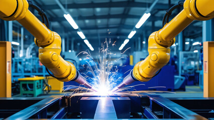 A robotic workshop with two yellow robot arms welding metal parts on an electric beam, surrounded by other factory machinery