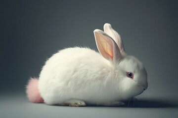 A fluffy white rabbit with a soft, round pink tail sitting calmly on a smooth gray studio background.