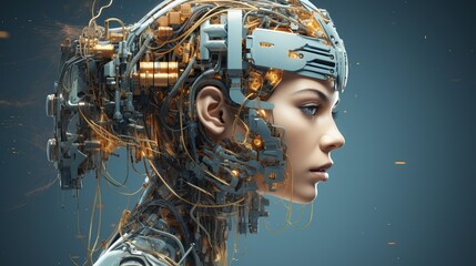 Wall Mural - Cybernetic Woman with Intricate Mechanical Head