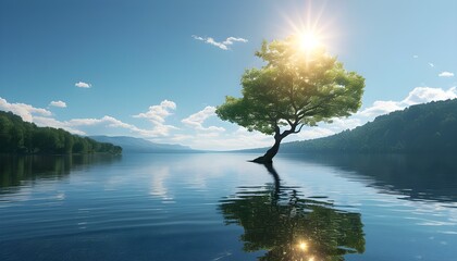 Wall Mural - Serene lake with a lone tree under a radiant sun, embodying calmness, peace, solitude, and a deep connection with nature in a surreal landscape.