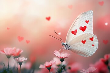 Canvas Print - A stunning white butterfly with elegant wings, decorated with vibrant red heart patterns.