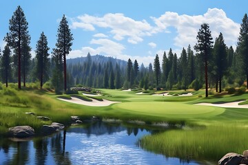 Wall Mural - Scenic golf course surrounded by trees and a tranquil stream.