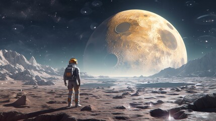 A man in a space suit stands on a rocky planet next to a large yellow moon