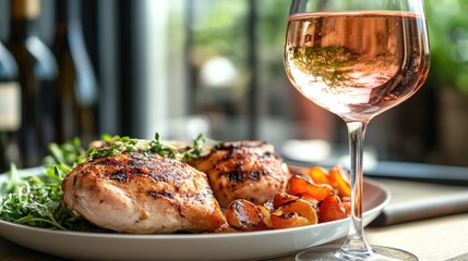 Wall Mural - A plate of grilled chicken paired with a glass of ros wine