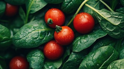 Canvas Print - Red Cherry Tomatoes and Spinach Leaves