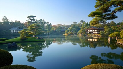 Poster - Serene Japanese Garden with Reflections in a Pond