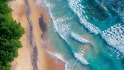 Sticker - vibrant and inviting beach scene with enhanced colors of turquoise waters, golden sands, and a bright blue sky