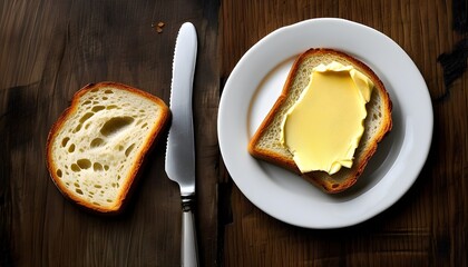 Wall Mural - Melted butter atop golden toast served on a white plate with a knife, capturing simple breakfast bliss