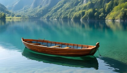 Serene boat resting on a crystal clear lake surrounded by natures beauty