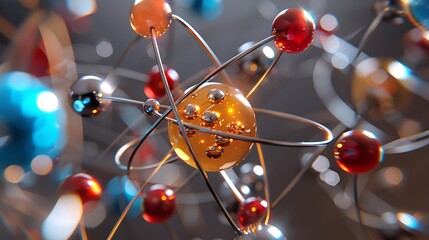 Poster - abstract representation of an atom with colored spheres orbiting a central nucleus, showcasing the p