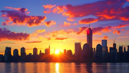 vibrant sunset casting golden hues over a stunning city skyline, with silhouettes of buildings against a colorful sky