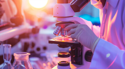 scientist in lab coat examining microscope with bacteria samples in petri dish, symbolizing disease 