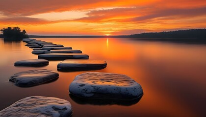 Tranquil sunset over a serene lake with colorful stepping stones reflecting the deep orange sky