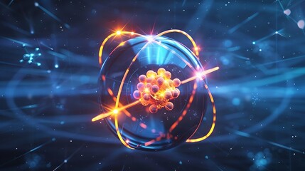 Poster - Abstract 3D rendering of an atom, showcasing its nucleus and orbiting electrons. The image embodies the fundamental principles of quantum physics and the intricate structure of matter.