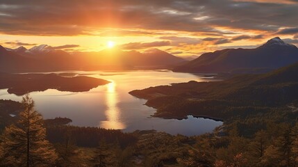 Wall Mural - Sunset over mountain lake