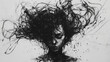 © Thiago - A black and white drawing of a person with messy hair. the drawing is very abstract and has a lot of lines. the mood of the drawing is chaotic and disordered. Charcoal Drawing. Illustration