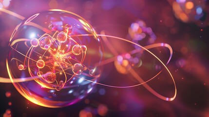 Poster - Abstract illustration of an atom with glowing particles orbiting a central nucleus.