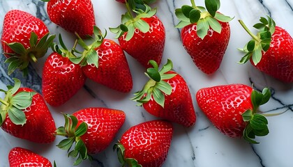 Wall Mural - Vibrant red strawberries resting elegantly on a sleek marble background