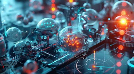 Poster - futuristic technological concept features a complex network of interconnected circuits and orbs repr