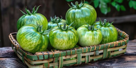 Poster - Fresh Organic Ripe Green Zebra Tomatoes in Six Baskets from the Homestead Garden