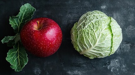 Canvas Print - Red Apple and Green Cabbage on a Dark Background