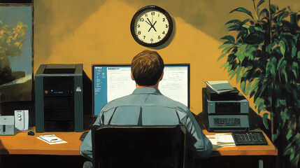 Poster - Office worker sitting at desk working on computer with clock at 4:59 pm