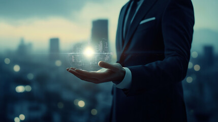 Poster - Businessman holding glowing globe of digital cityscape at night
