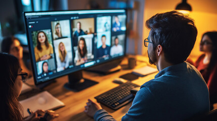 Poster - Business team having online meeting using video conference software