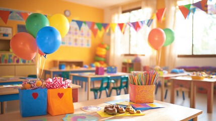 Poster - Kindergarten classroom decorated for a children birthday party