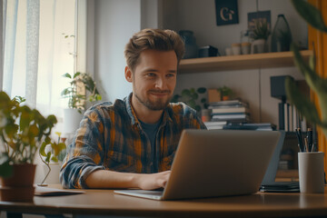 Poster - Young freelancer smiling and typing on laptop working from home office