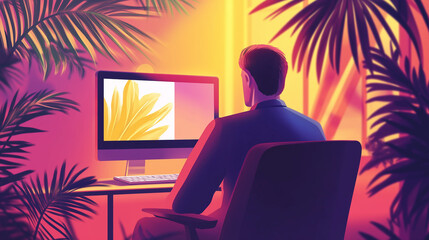 Poster - Businessman working on computer in tropical office at sunset