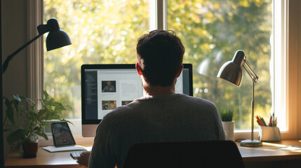 Leinwandbilder - Young man working from home office sitting at desk by window