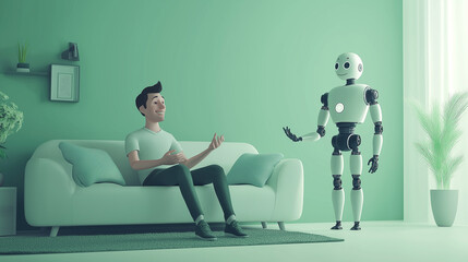 Aufkleber - Man sitting on sofa is talking with a robot in living room
