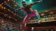 © Andres Mejia - Masked luchador jumping high during wrestling match in arena