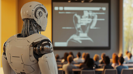 Poster - Humanoid robot giving a presentation to a group of business people